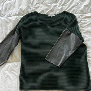 Green Ribbed Sweater with Faux Leather Sleeves